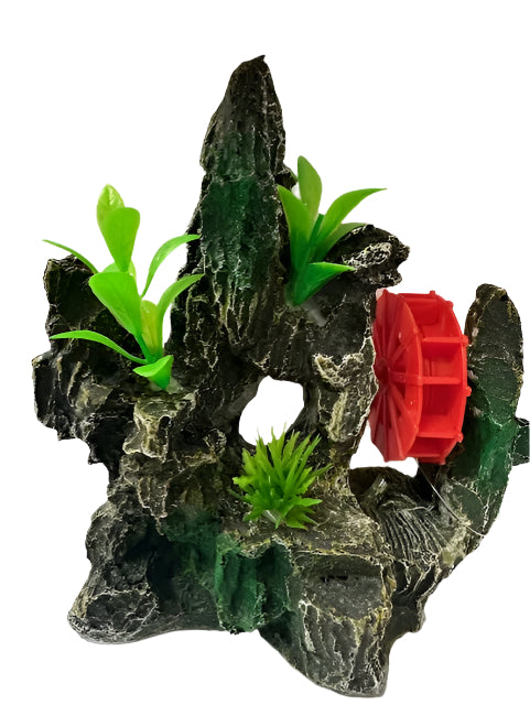 Waterwheel On Rock Aquarium Ornament