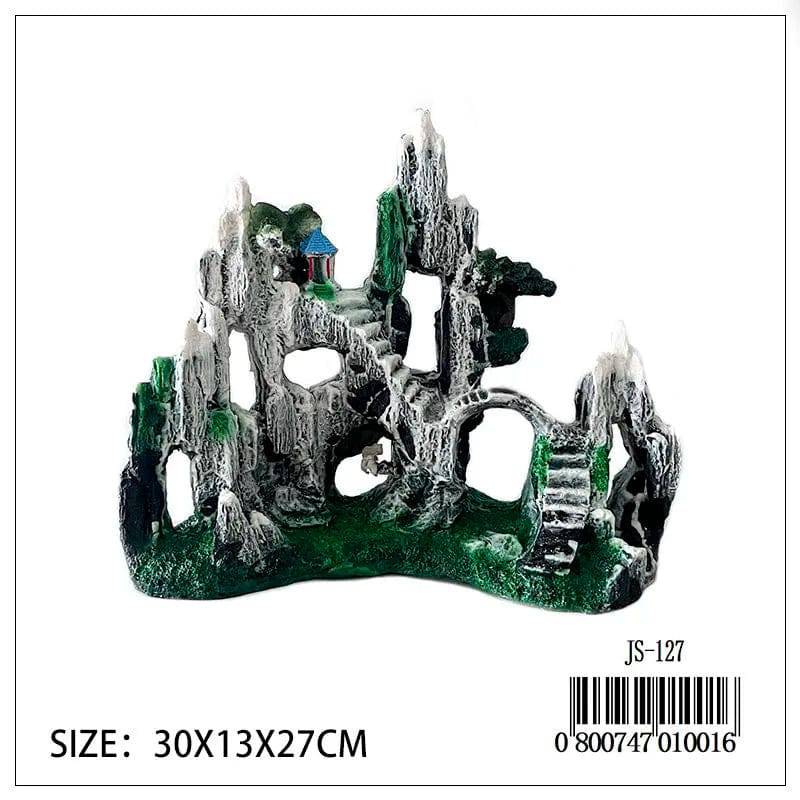 A poly resin aquarium ornament depicting a green and grey rock mountain with stairs, suitable for tropical aquariums.