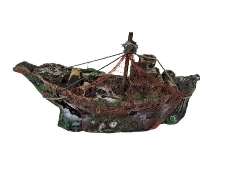 Small Ship with Red Net Aquarium Ornament