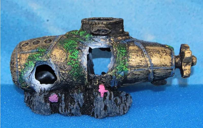 Small Submarine Wreck Aquarium Resin Ornament 20cm