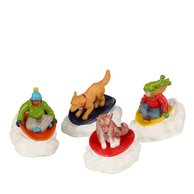 Dog Snow Saucer Fun Set of 4 Lemax Christmas Village Figurine