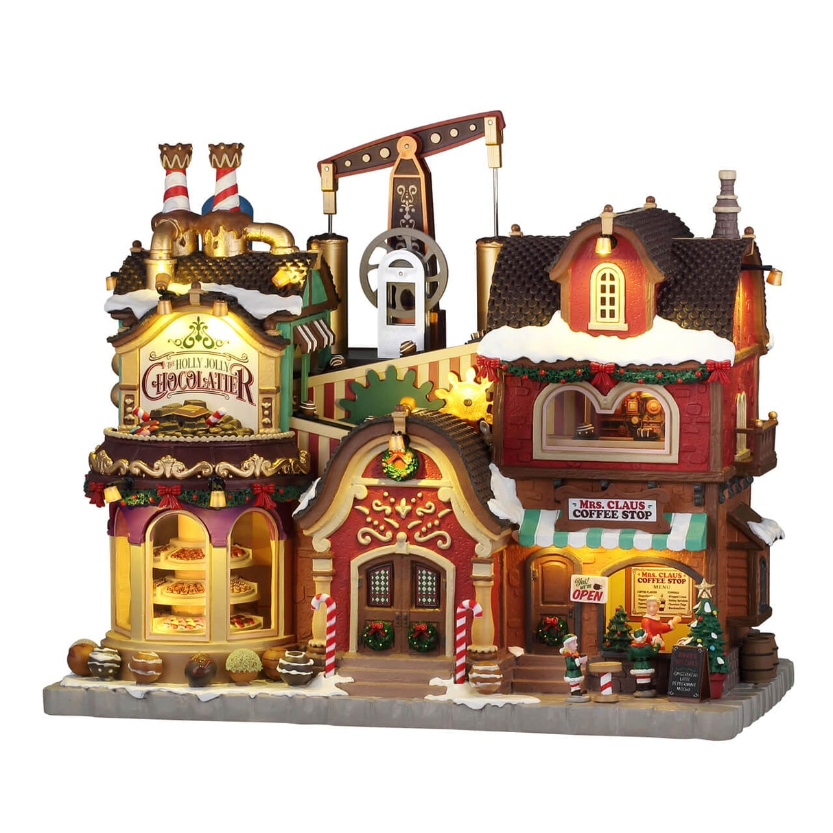 The Holly Jolly Chocolate Shop And Mrs Claus Coffee Shop With 4.5v Adaptor Lemax Christmas Village Illuminated Building Lemax