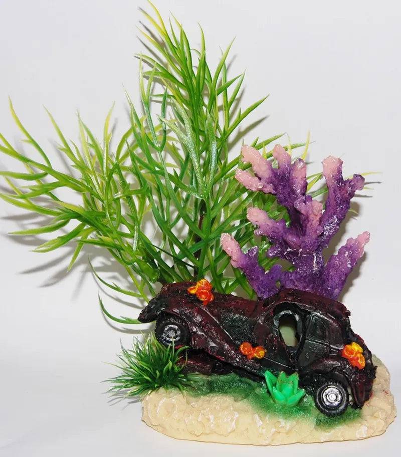 Old Car Pink Coral on Rock Aquarium Ornament