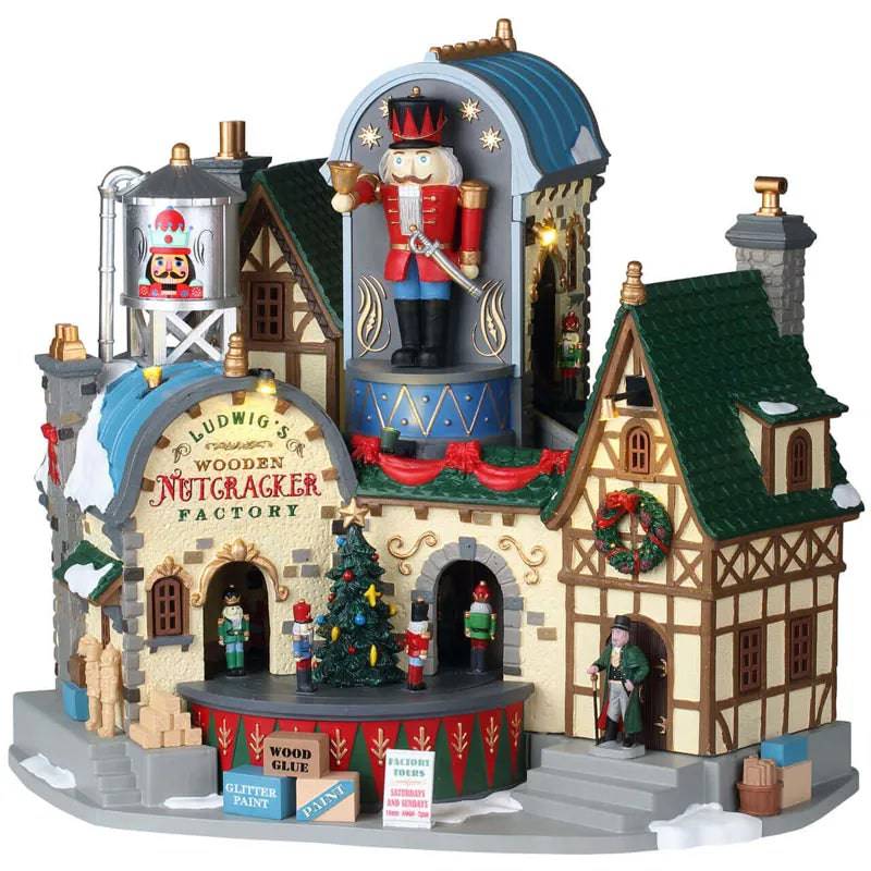 Ludwigs Wooden Nutcracker Factory Lemax Christmas Village Lights and Sounds