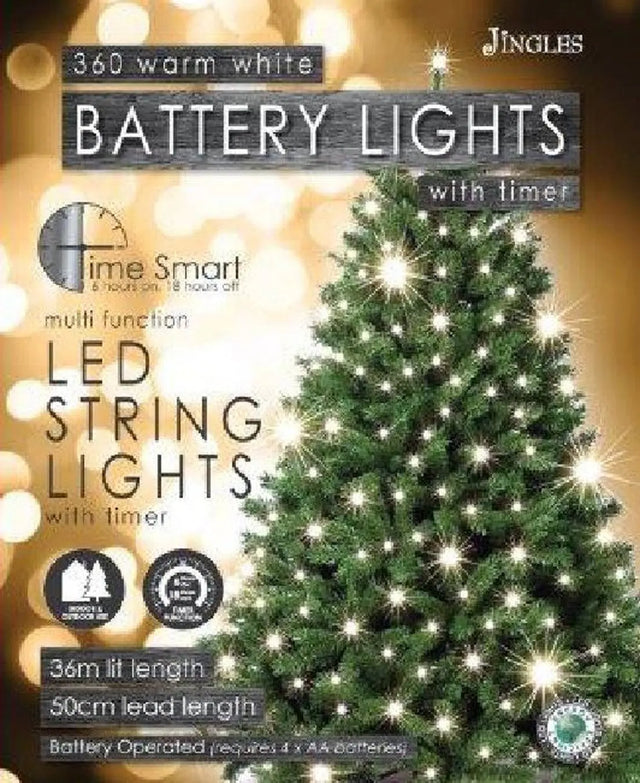 360 LED Warm White Multi Function Battery String Lights with Time Smart Jingles