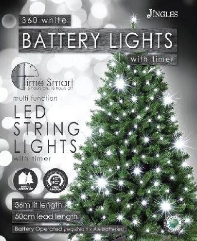 Jingles 360 LED White Multi Function Battery String Lights with Time Smart Jingles